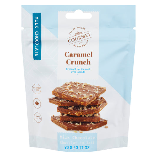 blue bag of caramel crunch chocolate