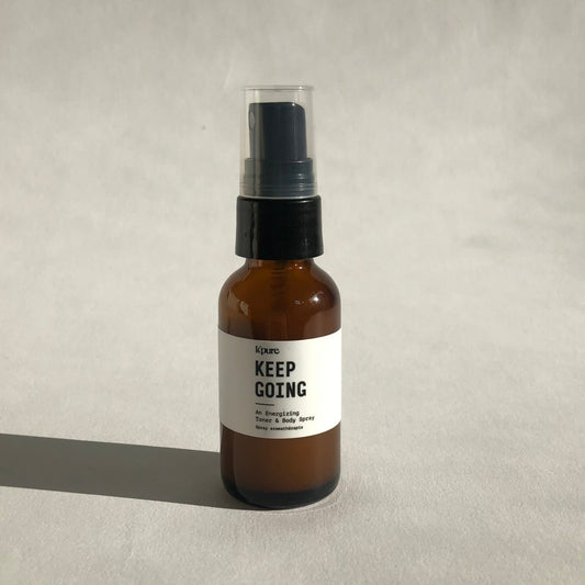 body spray called keep going in a 30ml amber bottle